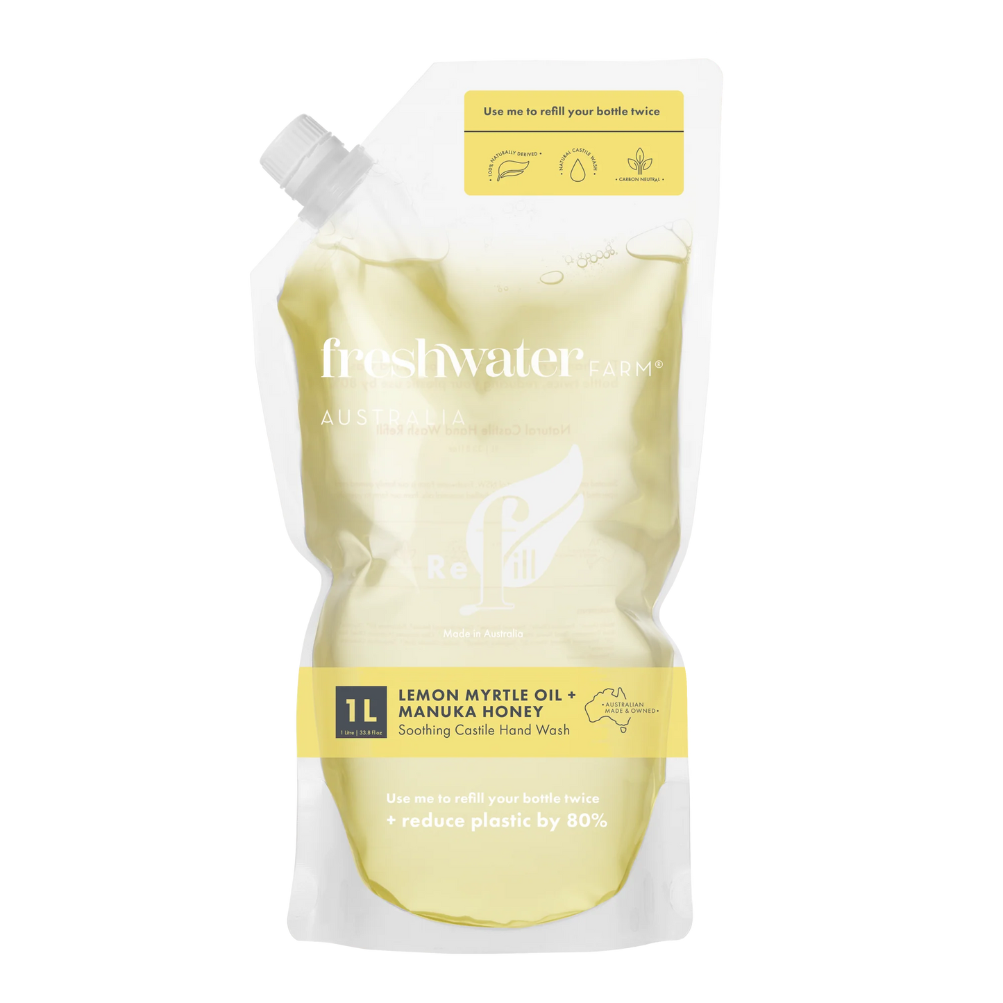 Natural Hand Wash | Soothing | Lemon Myrtle Oil + Manuka Honey Refill Pouch | 1L | 天然洗手液 | 舒緩 | 檸檬桃木精油 + 麥盧卡蜂蜜 | 1 升